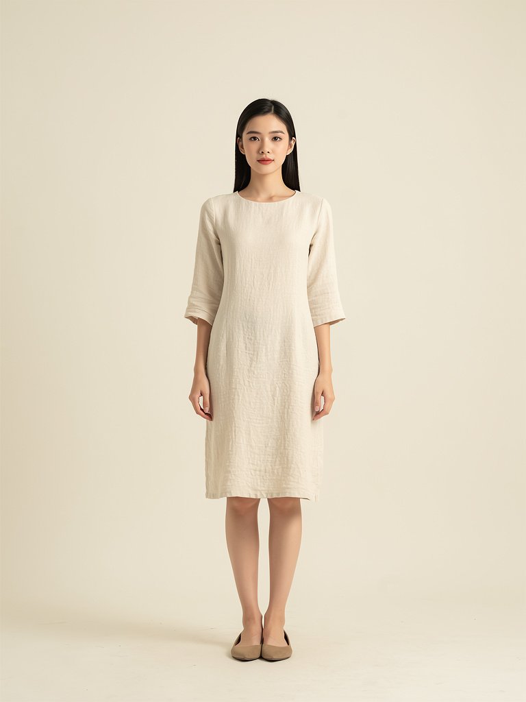 Đầm linen suông cổ V
